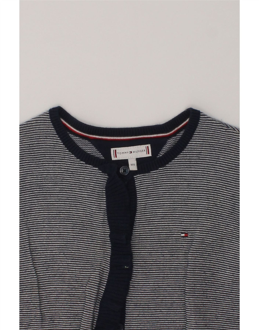 TOMMY HILFIGER Girls Cardigan Sweater 4-5 Years Navy Blue Striped Cotton | Vintage Tommy Hilfiger | Thrift | Second-Hand Tommy Hilfiger | Used Clothing | Messina Hembry 