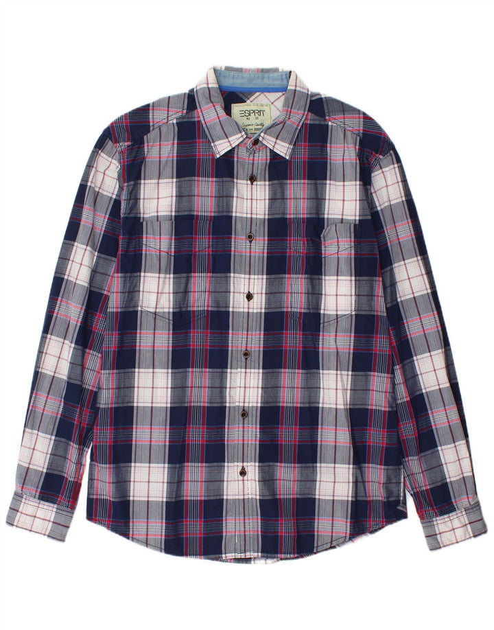 Esprit Herren-Slim-Fit-Hemd aus mittelblauer Karo-Baumwolle in Marineblau