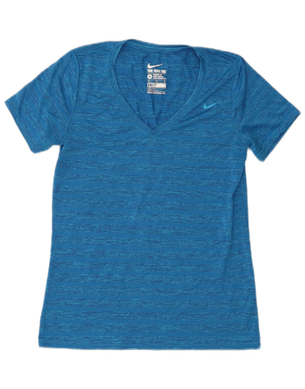 Nike Womens Dri Fit T-Shirt Top UK 12 Bleu Moyen Rayé Polyester