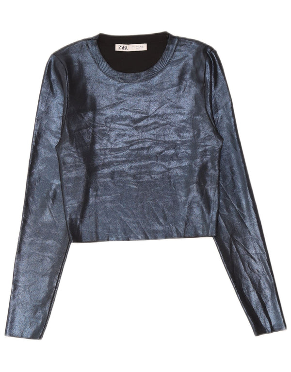 Zara Womens Crop Top Manches Longues UK 14 Grand Bleu