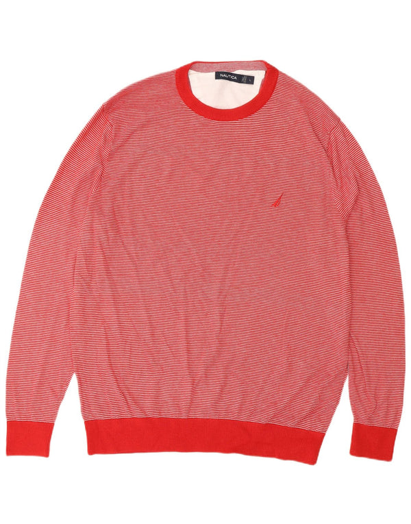 Nautica Mens Crew Neck Jumper Sweater Large Red Pinstripe Cotton