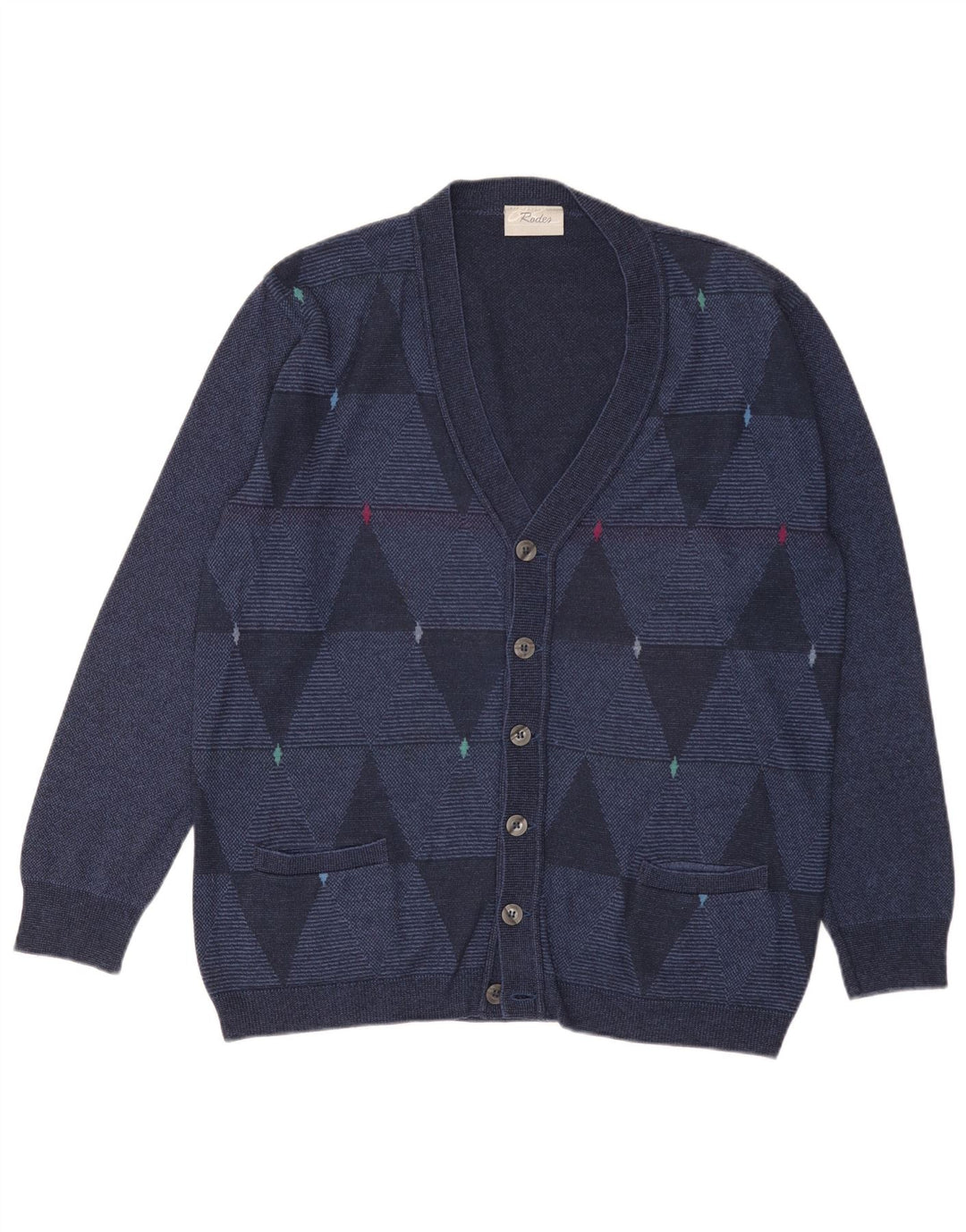 RODES Mens Cardigan Sweater Medium Navy Blue Argyle/Diamond