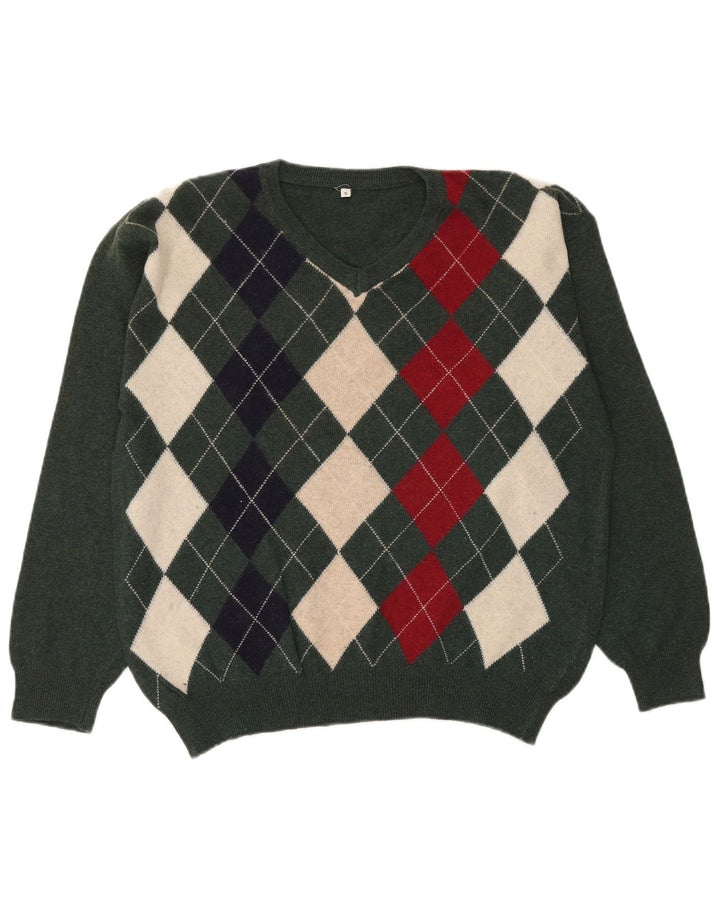 VINTAGE Mens V-Neck Jumper Sweater Small Green Argyle/Diamond Wool