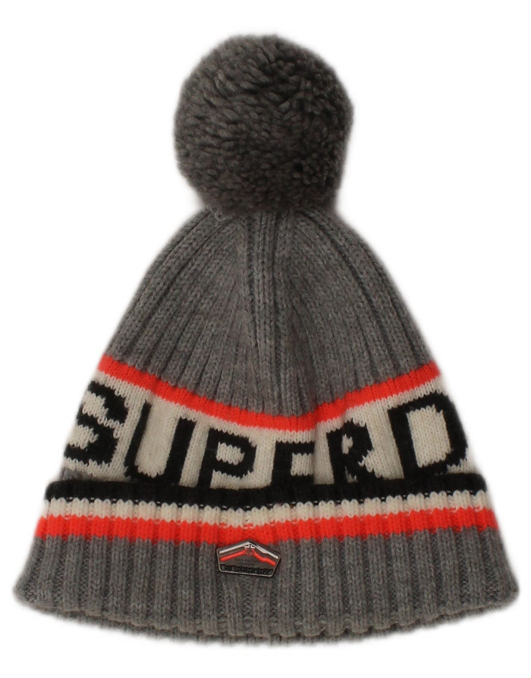 SUPERDRY Womens Graphic Knit Bobble Hat One Size Grey Striped Winter