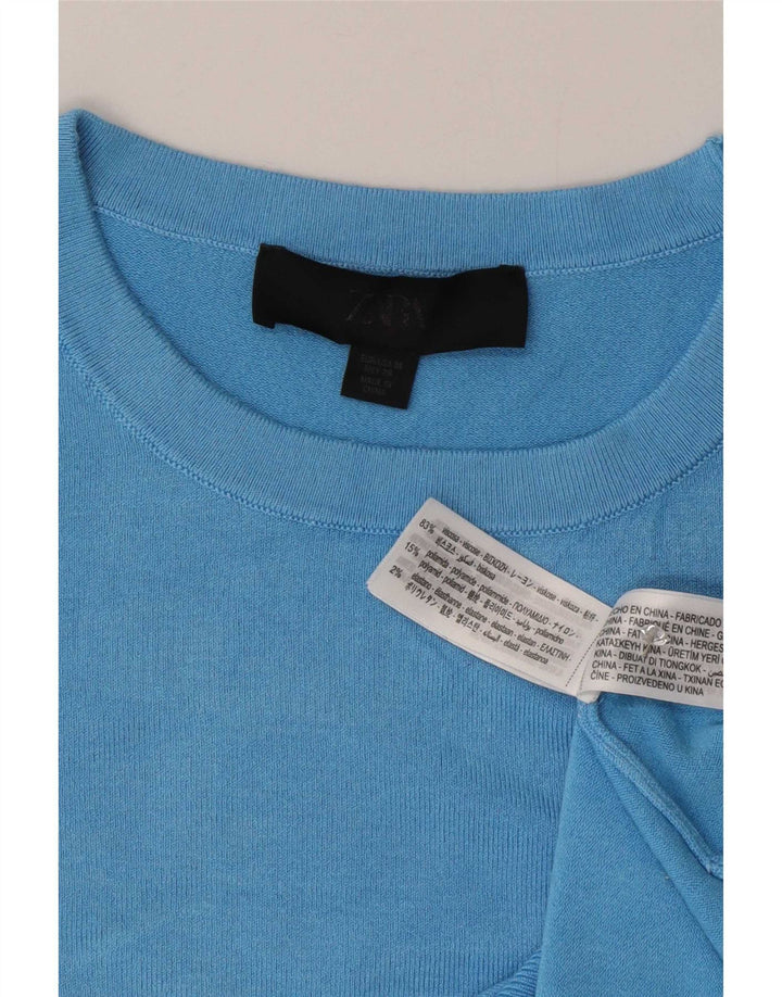 Zara T-Shirt Femme Top UK 12 Bleu Moyen Viscose