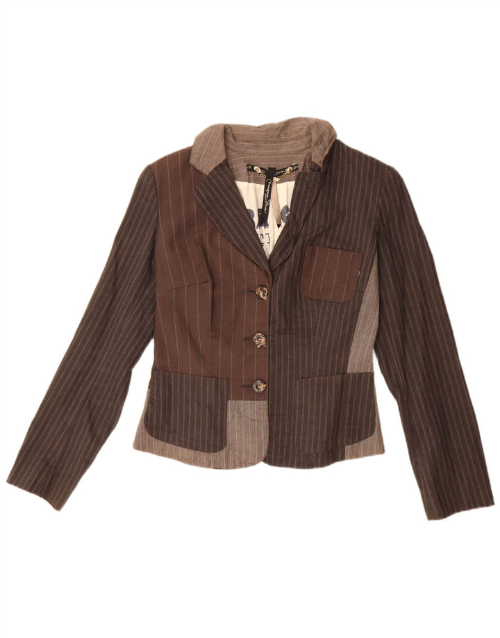 Vintage Womens Crop 3 Button Blazer Jacket IT 42 Medium Brown Striped