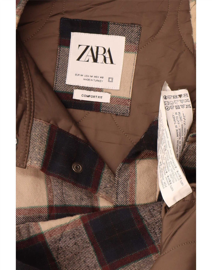 Zara Mens Shacket Jacket UK 38 Medium Beige Cuadros Poliéster