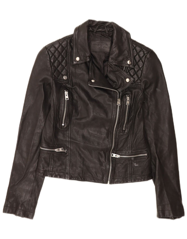 All Saints Damen Crop Leder Bikerjacke UK 8 Small Schwarz