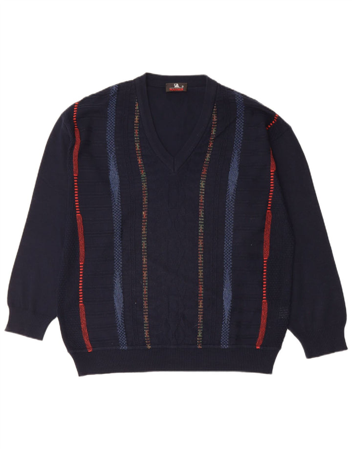 MAYSER Mens V-Neck Jumper Sweater IT 50 Medium Navy Blue Striped