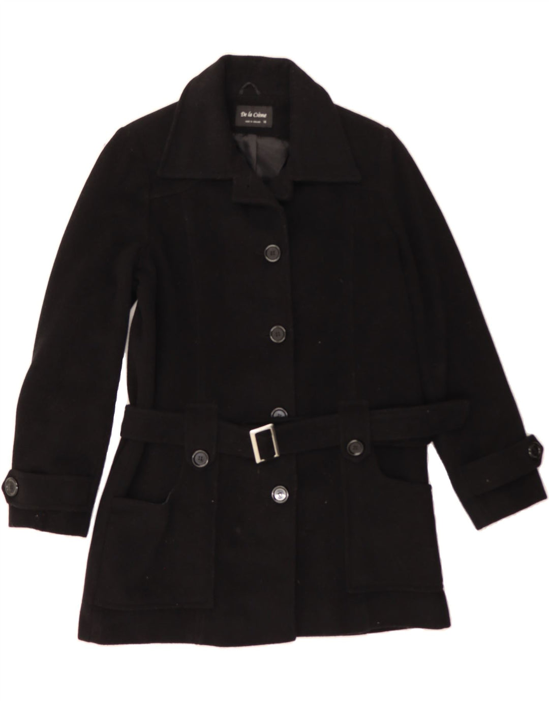 DE LA CREME Womens Overcoat UK 14 Medium  Black Wool Vintage De la Creme and Second-Hand De la Creme from Messina Hembry 
