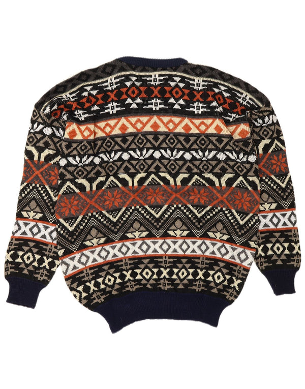 Vintage Mens Crew Neck Jumper Sweater Large Navy Blue Fair Isle Acrylic