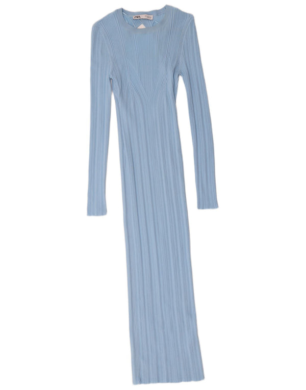 Zara Dame Maxi Langærmet Jumper Kjole UK 12 Medium Blue Nylon