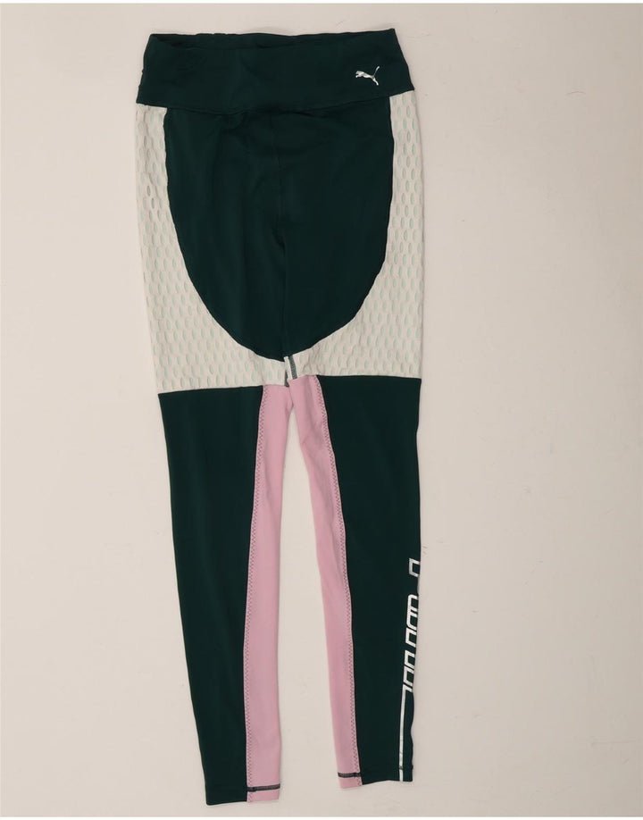 PUMA Womens Graphic Leggings UK 12 Medium Green Colourblock