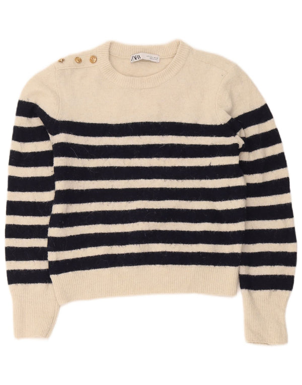 Maglione maglione girocollo da donna Zara UK 14 a righe grandi bianco sporco