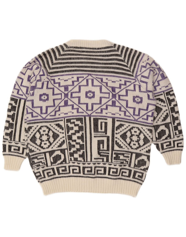 vintage Mens Crew Neck Jumper Pull Grande laine géométrique blanche