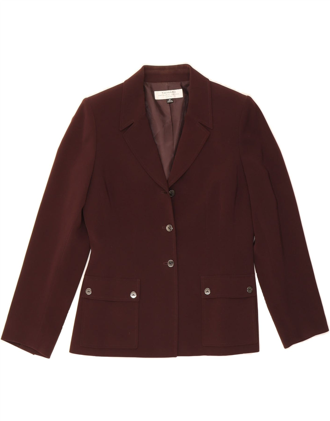 TAHARI Womens Petite 3 Button Blazer Jacket UK 8 Small  Maroon Polyester Vintage Tahari and Second-Hand Tahari from Messina Hembry 