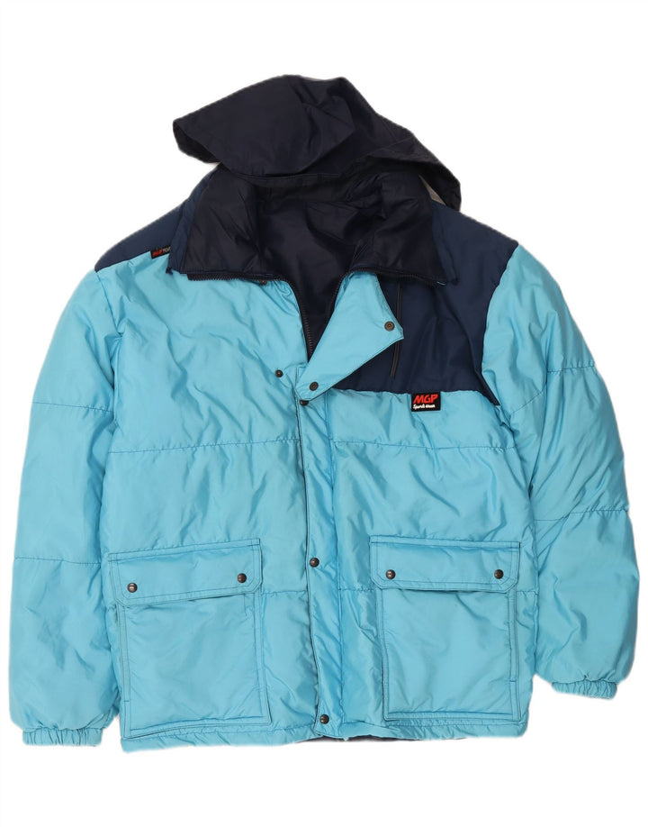 Vintage Mens Hooded Padded Jacket IT 48 Medium Blue Colourblock Polyamide
