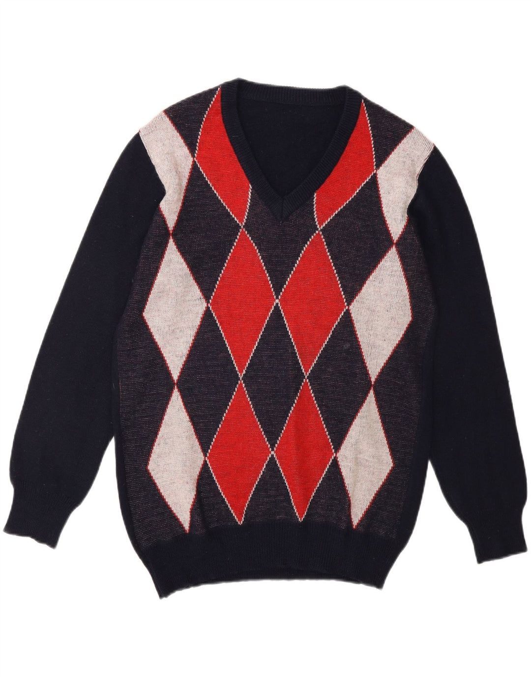 VINTAGE Mens V-Neck Jumper Sweater Medium Navy Blue Argyle/Diamond Vintage Vintage and Second-Hand Vintage from Messina Hembry 
