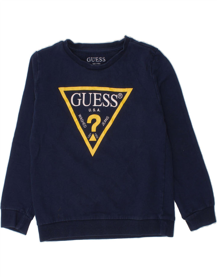 GUESS Boys Graphic Sweatshirt Jumper 6-7 Years Navy Blue Vintage Guess and Second-Hand Guess from Messina Hembry 