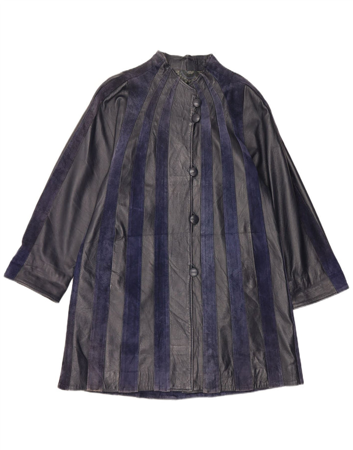 Vintage Womens Leather Coat UK 14 Medium Navy Blue Striped