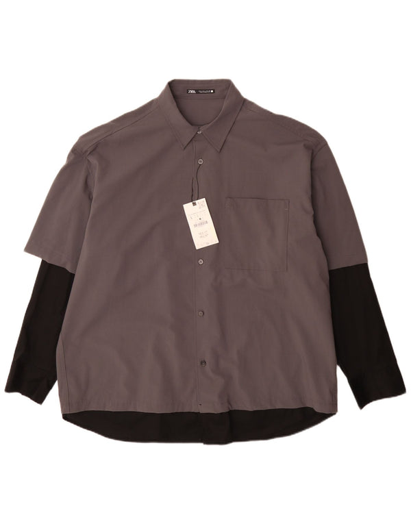 Zara Chemise Homme Large Gris Colorblock Polyester