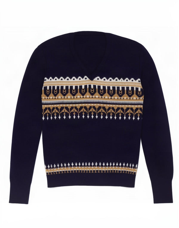 vintage Femme V-Col Jumper Pull UK 12 Moyen Marine Bleu Fair Isle