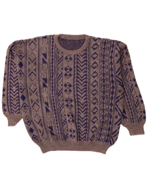 Vintage herre rund hals sweater 2XL blå geometrisk