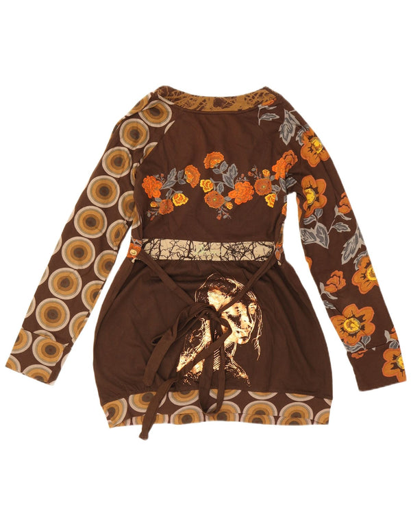 Desigual Mini Abito a Maniche Lunghe da Donna a Maniche Lunghe UK 12 Marrone Medio Floreale