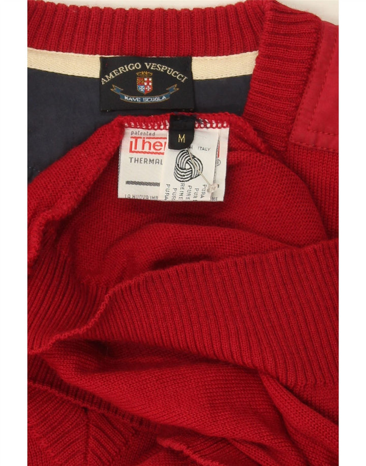 AMERIGO VESPUCCI Mens V-Neck Jumper Sweater Medium Red Wool Vintage Amerigo Vespucci and Second-Hand Amerigo Vespucci from Messina Hembry 