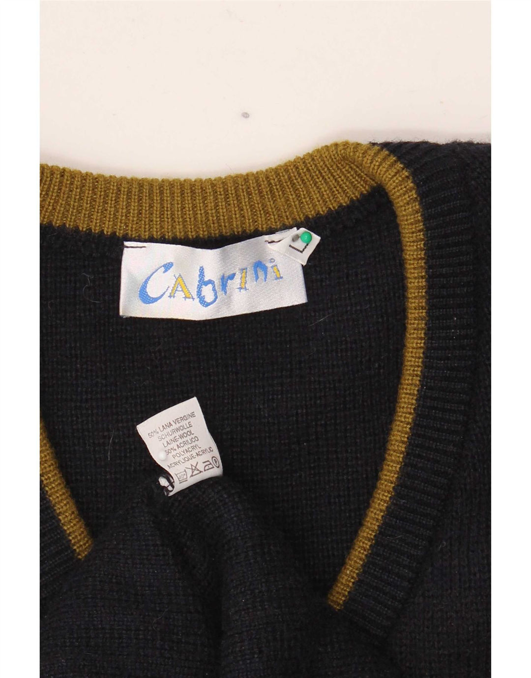 Cabrini Mens V-Neck Jumper Sweater Large Navy Blue Argyle/Diamond Wool