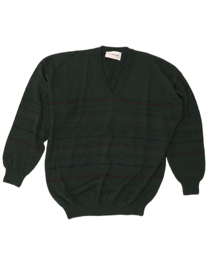 Pit Hayet Mens V-Neck Jumper Sweater IT 50 Medium Green Striped Wool