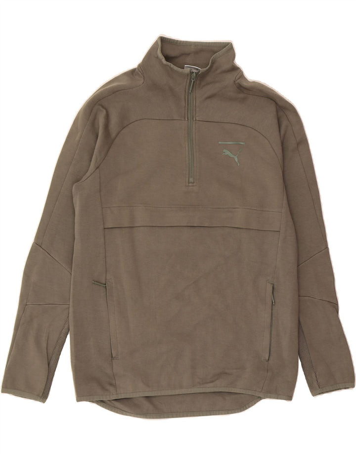 PUMA Mens Zip Neck Sweatshirt Jumper Small Khaki Cotton Vintage Puma and Second-Hand Puma from Messina Hembry 