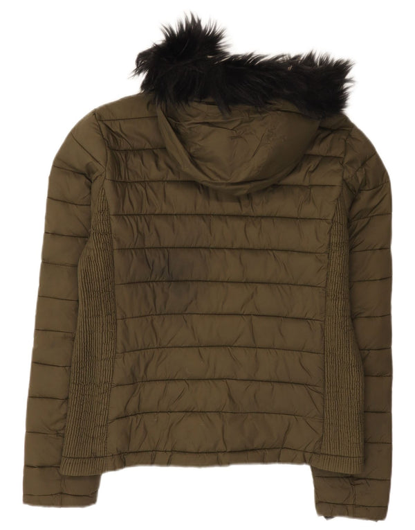 Superdry Womens Hooded Padded Jacket UK 14 Medium Khaki Nylon