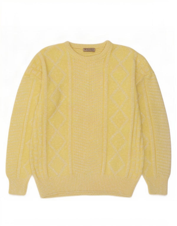 vintage Mens Crew Neck Jumper Pull IT 52 Grand Coton Géométrique Jaune
