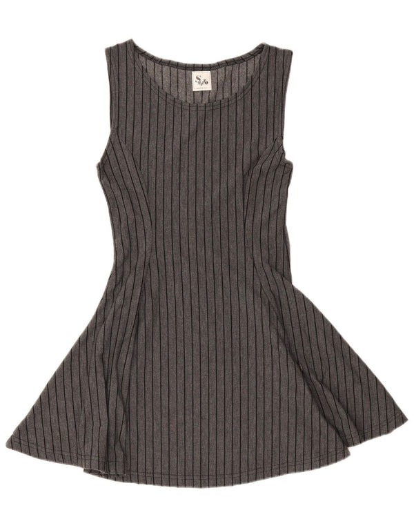 Vintage Damen Ärmelloses A-Linien-Kleid UK 8 Small Grau gestreift