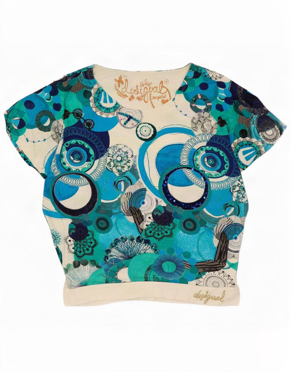 Desigual T-shirt grafica da donna Top UK 14 Medium White geometrica viscosa