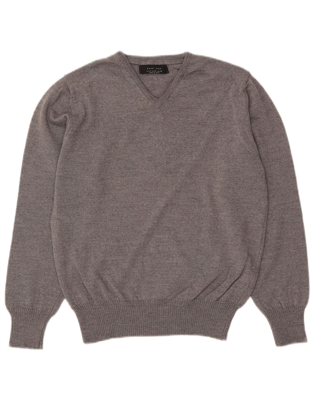 ZARA Mens V-Neck Jumper Sweater Medium Grey Wool