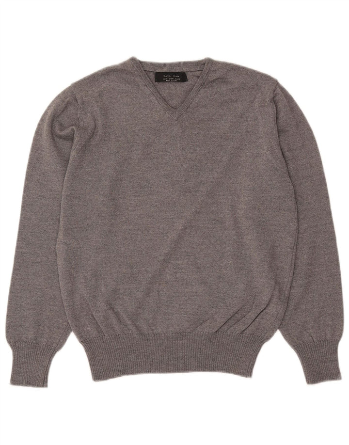 ZARA Mens V-Neck Jumper Sweater Medium Grey Wool