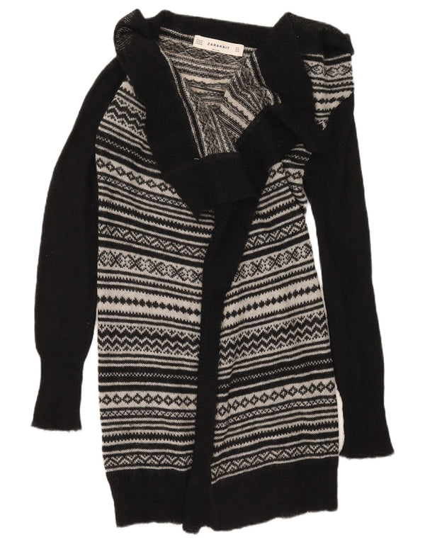 Zara Womens Longline Cardigan Sweater UK 12 Medium Black Fair Isle Akryl