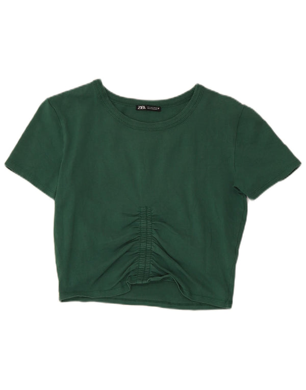 Zara Damen Crop T-Shirt Top UK 14 Large Grüne Baumwolle