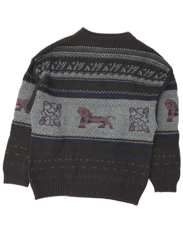 vintage Mens Graphic Crew Neck Jumper Pull XL Gris Fair Isle Laine