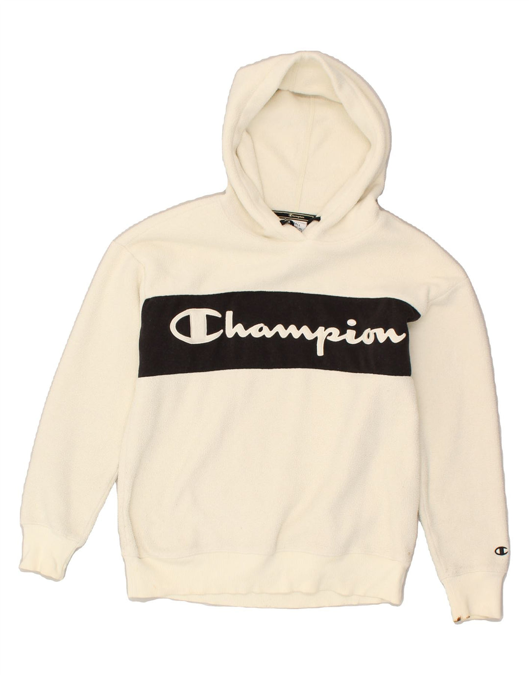 CHAMPION Mens Fleece Graphic Hoodie Jumper Small Off White Polyester | Vintage Champion | Thrift | Second-Hand Champion | Used Clothing | Messina Hembry 