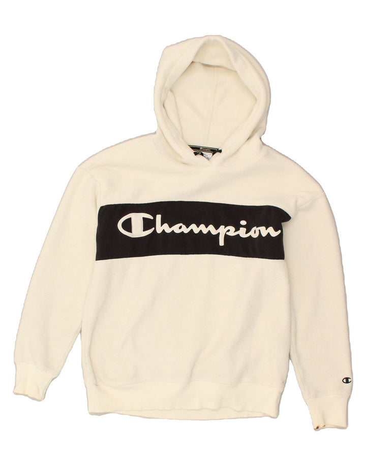CHAMPION Mens Fleece Graphic Hoodie Jumper Small Off White Polyester | Vintage Champion | Thrift | Second-Hand Champion | Used Clothing | Messina Hembry 