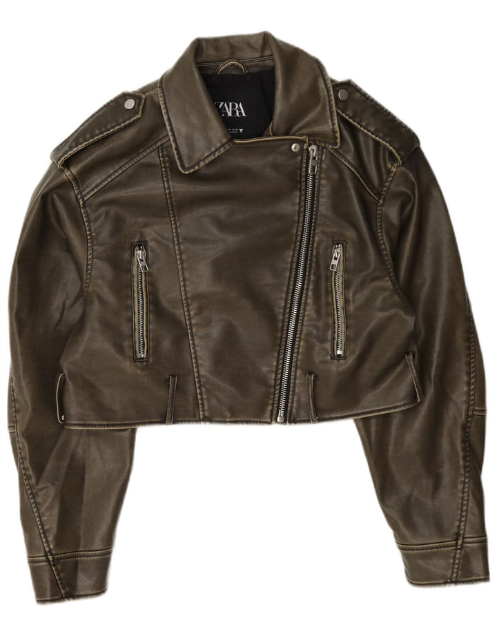 Zara Womens Crop Faux Leather Biker Jacket UK 14 Medium Khaki Polyester