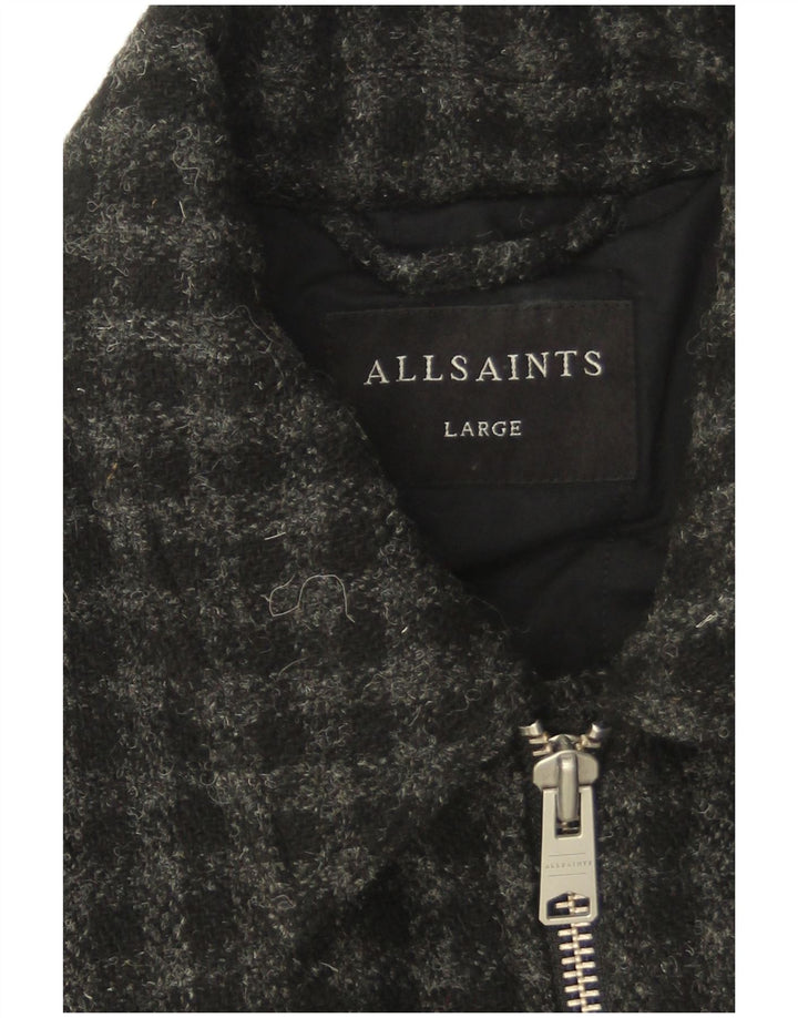All Saints Mens Bomber Jacket UK 40 Large Grey Check Wool