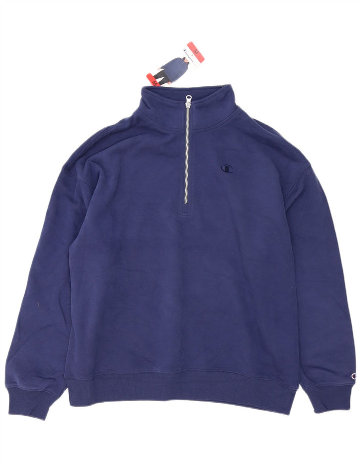 Champion Mens Zip Neck Sweatshirt Jumper Medium Navy Blue Cotton