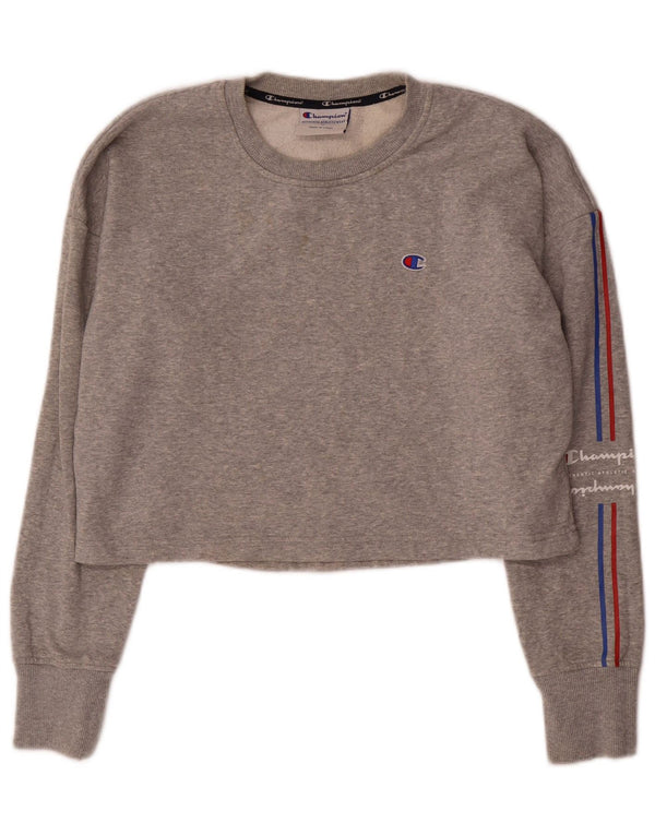 Champion Womens Crop Graphic Sweatshirt Jumper UK 14 Medium Grey Flecked