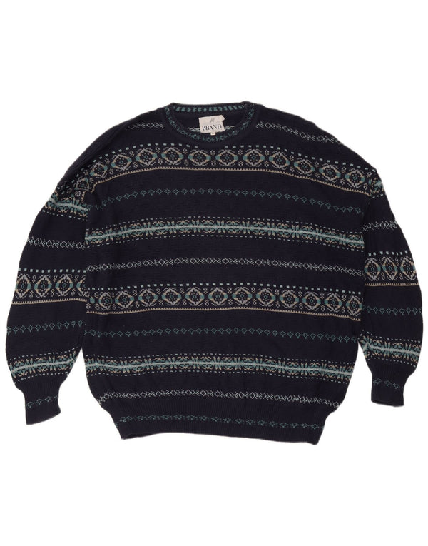 Brandi Mens Crew Neck Jumper Sweater Large Navy Blue Geometric Cotton