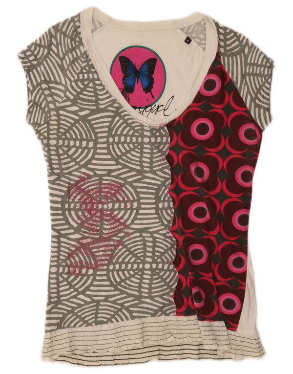 Desigual Womens Graphic T-Shirt Top UK 18 XL Weiße geometrische Baumwolle