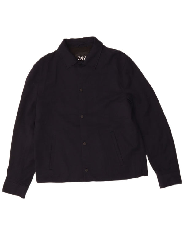 Zara Mens Bomber Jacket UK 40 Large Navy Blue Polyester